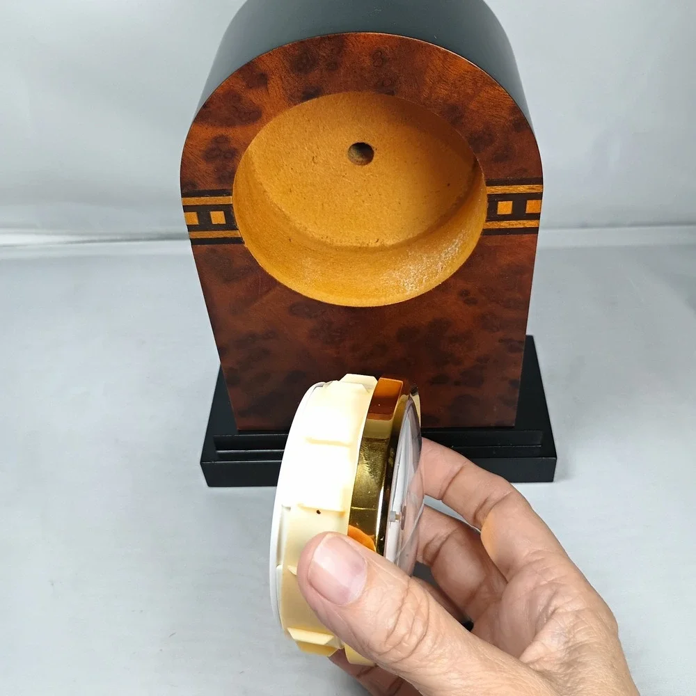 Dayton Hudson Corp Deco Wooden Clock Semi Circular Art Hand Inlaid Design Quartz